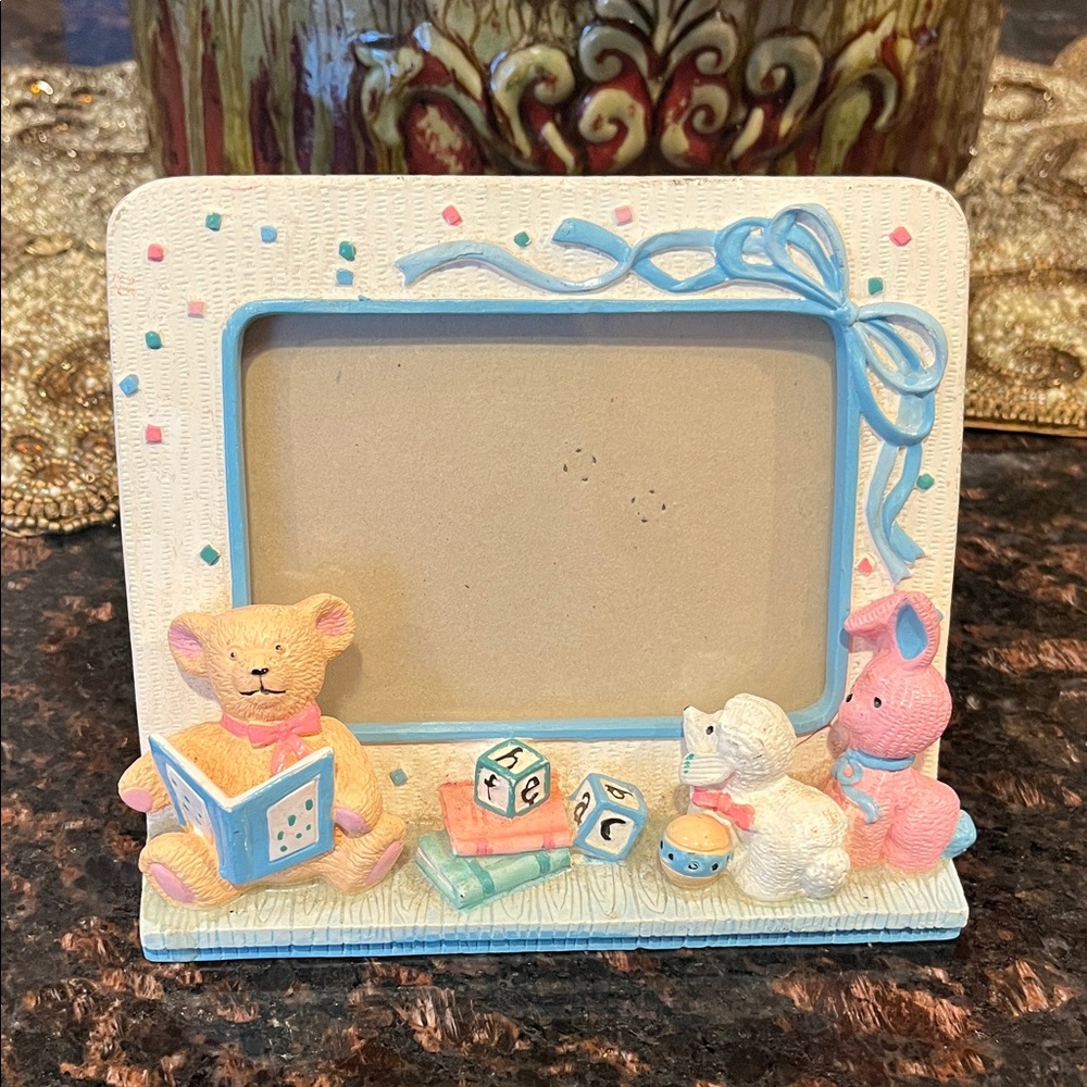 Teddy Bear Picture Frame with Books Blocks Rabbit and Dog